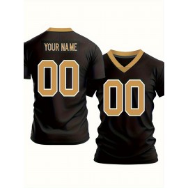 Customizable Women'S Plus Size Football Jersey T-Shirt - Personalized Team Name & Number, Black with Golden Accents, V-Neck, Short Sleeve, Summer Sports Tee, Football Jersey, PLUS SIZE