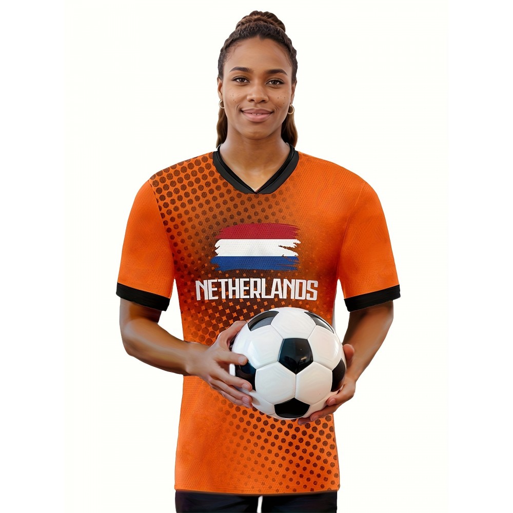 Women's Large Size Professional Sports Fabric Creative Pattern Print Netherlands Home Soccer Jersey T-shirt, Soccer Jersey Flag Uniforms Shirts Breathable And Lightweight, Moisture-Wicking, As Gifts For Sports Fans