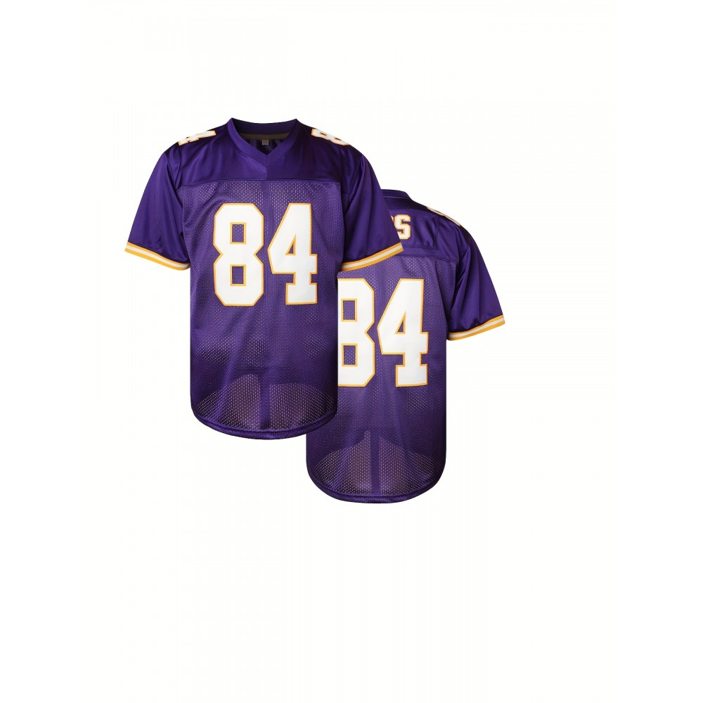 Men'S #84 Purple Sports Jersey, Polyester V-Neck Football Jersey with Embroidery, Slight Stretch Knit Fabric, Loose Fit, for Adult Men, Four Seasons, Casual & Training Wear, Sports & Party