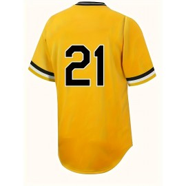 Men's #21 Yellow Baseball Jersey with Embroidered Name & Number - 100% Polyester, V-Neck, Loose Fit for Sports & Parties, Machine Washable, All-Season Comfort, Baseball Apparel | Striped Sleeves | Glossy Finish
