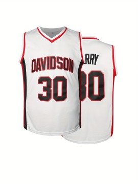 1pc Men'S Basketball Jersey - White Polyester V-Neck Sweatshirt with Embroidered Lettering & Number, Slight Stretch Knit Fabric, Loose Fit for Sports & Parties, Sizes S-3XL