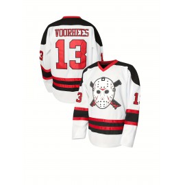 Men's #13 Voorhees Embroidered Hockey Jersey - Black & White, Polyester, V-Neck Captain's Sweatshirt with 