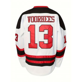 Men's #13 Voorhees Embroidered Hockey Jersey - Black & White, Polyester, V-Neck Captain's Sweatshirt with 