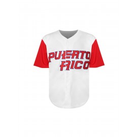 Men's Puerto Rico Baseball Jersey - Embroidered Number 1 & Name, White with Red Accents, 100% Polyester, Loose Fit V-Neck Button-Up for Sports, Halloween, Parties & Casual Wear, Puerto Rico Shirt