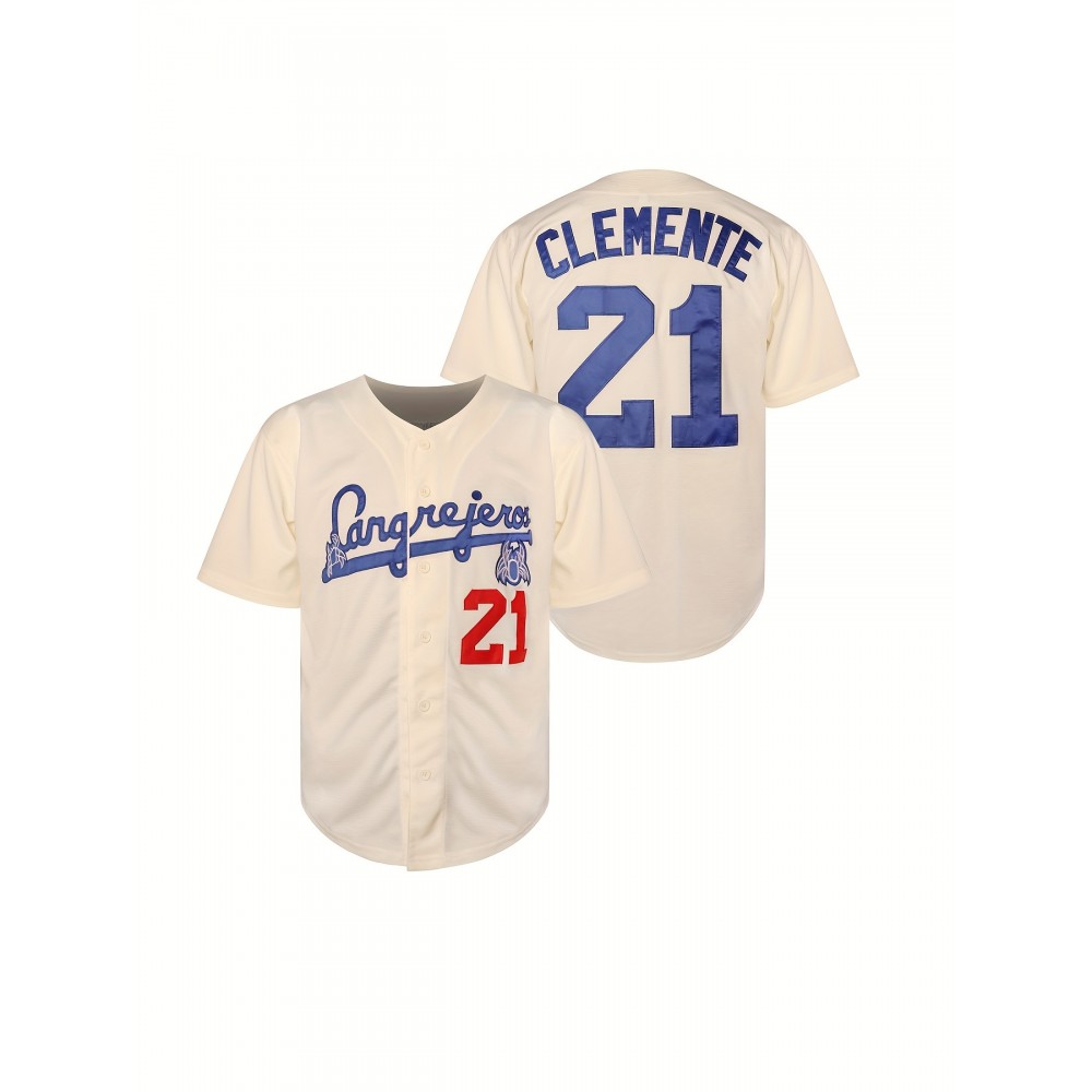 Men's #21 Cream Baseball Jersey with Embroidered Name & Number - V-Neck, Button-Up, Loose Fit for Sports, Parties & Casual Wear