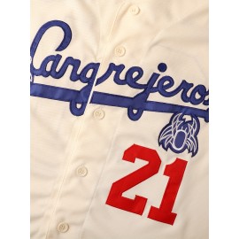 Men's #21 Cream Baseball Jersey with Embroidered Name & Number - V-Neck, Button-Up, Loose Fit for Sports, Parties & Casual Wear