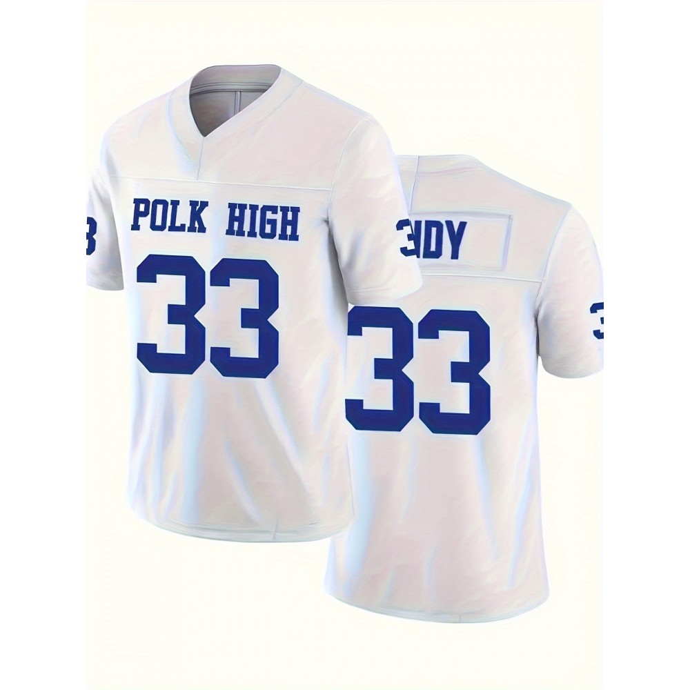 Men's White #33 Film Breathable Football Shirt, Sports V-neck Short Sleeve Training And Game Uniform, Embroidered American Football Shirt