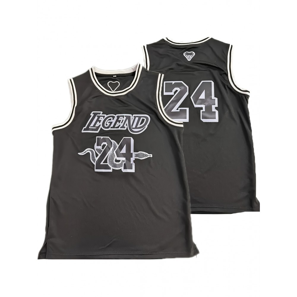 Men's Black Embroidered #24 Basketball Jersey - Breathable Polyester, Loose Fit V-Neck, Short Sleeves, Perfect for Sports, Outdoor Activities, and Casual Wear, Outdoor Activewear | Vneck Top | Polyester Fabric