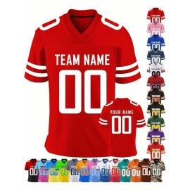 Customizable Women'S Football Jersey - Personalized Name & Team Number, V-Neck Sports Shirt with Red/White Stripe Design, Breathable Summer Casual & Team Uniform, Perfect Fan Gift for Soccer Fans, Football Jersey, Comfortable Fit
